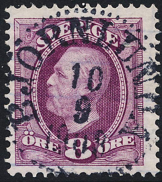 F53b Oscar II 8 öre karminviolett BJÖRNLUNDA 10.8.1908