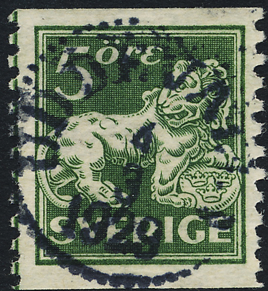 F143Ab St. Lejon 5 öre grön typ 2 matt gulakt grön UDDEVALLA 4.3.1929