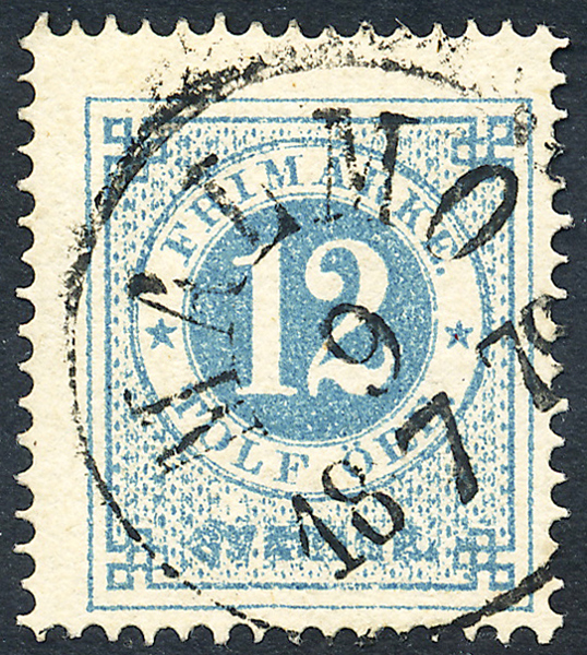 F21a Ringtyp t14 -12 öre gråakt blå MALMÖ 9.7.1872 (tidig - dag 9)