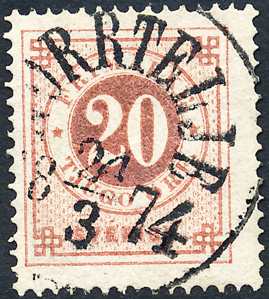 F22c Ringtyp t.14 - 20 öre röd NORRTELJE 24.3.1874