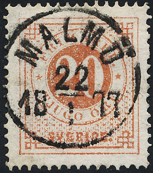 F22h Ringtyp t.14 - 20 öre matt orangeakt röd MALMÖ 22.1.1877 Prakt