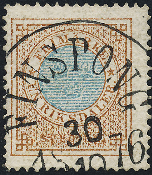 F27d Ringtyp t14 - 1 Rd orangebrun/blå FINSPONG 30.10.1876