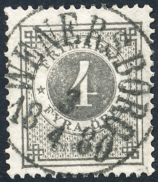 F29a Ringtyp t13 - 4 öre mörkgrå WENERSBORG 3.4.1880 Praktexemplar