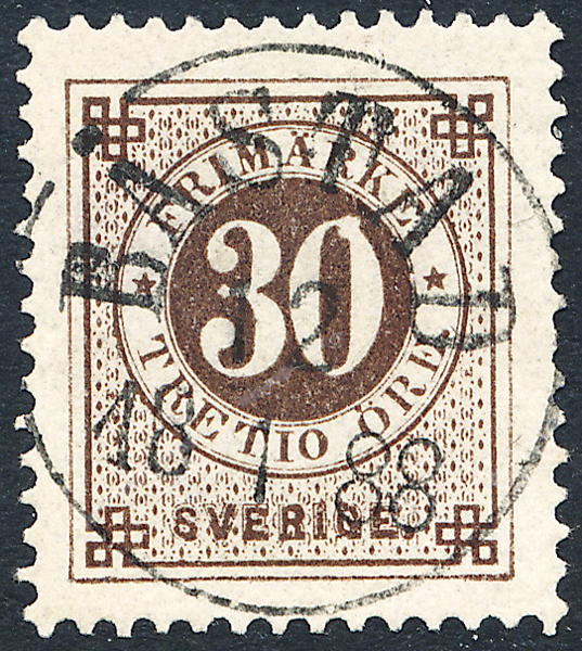 F47c Ringtyp ph - 30 öre svartbrun BÅSTAD 12.1.1888 LYX