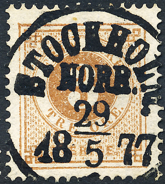 F28 Ringtyp t13 - 3 öre brun STOCKHOLM NORR 29.5.1877 Prakt/Lyx