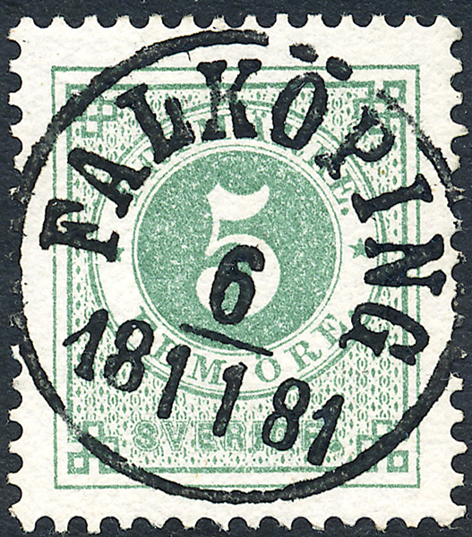F30b Ringtyp t.13 - 5 öre matt blåakt grön FALKÖPING 6.11.1881 Prakt/Lyxexemplar