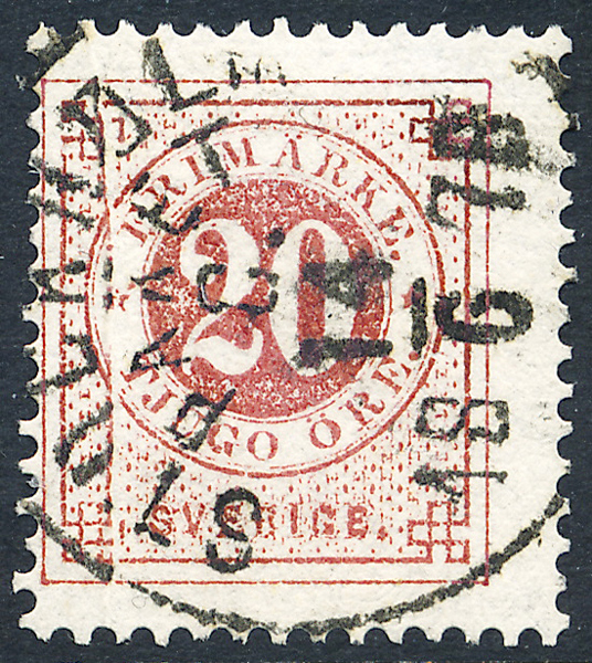 F33av10 Ringtyp t13 - 20 öre karminakt röd med lodrät dragspel STOCKHOLM PAKET C 14.6.1878
