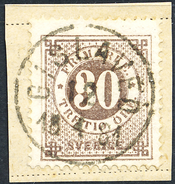 F35v12 Ringtyp t13 - 30 öre med variant 80 på praktklipp GISLAVED 12.4.1881
