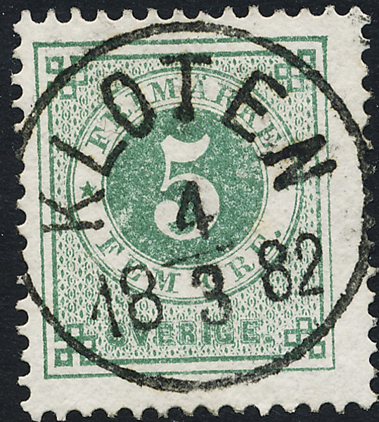 F30b Ringtyp t.13 - 5 öre matt blåakt grön KLOTEN 4.3.1882 Prakt