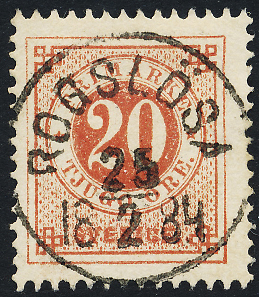 F33f Ringtyp t13 - 20 öre matt orangeröd ROGSLÖSA 25.2.1884 Praktexemplar