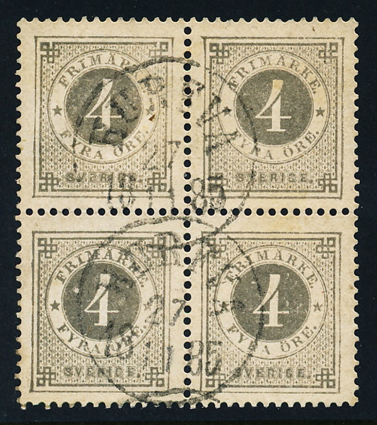 F29e Ringtyp t13 - 4 öre ljusgrå 4-block HURFVA 27.11.1885