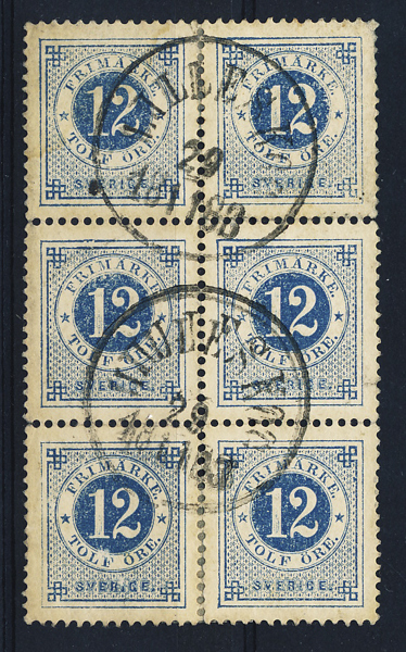 F32 Ringtyp t13 - 12 öre i stående 6-block LILLESKOG 29.11.1883 Prakt