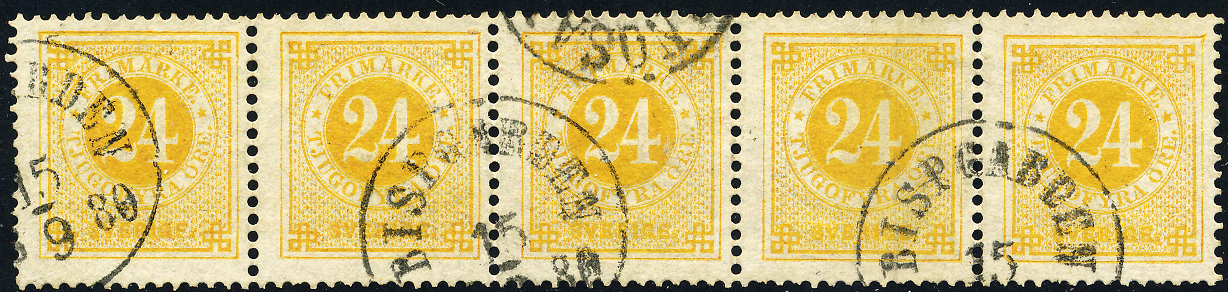 F34d Ringtyp t13 - 24 öre ljusgul i lodrätt 5-strip BISPGÅRDEN 15.9.1880