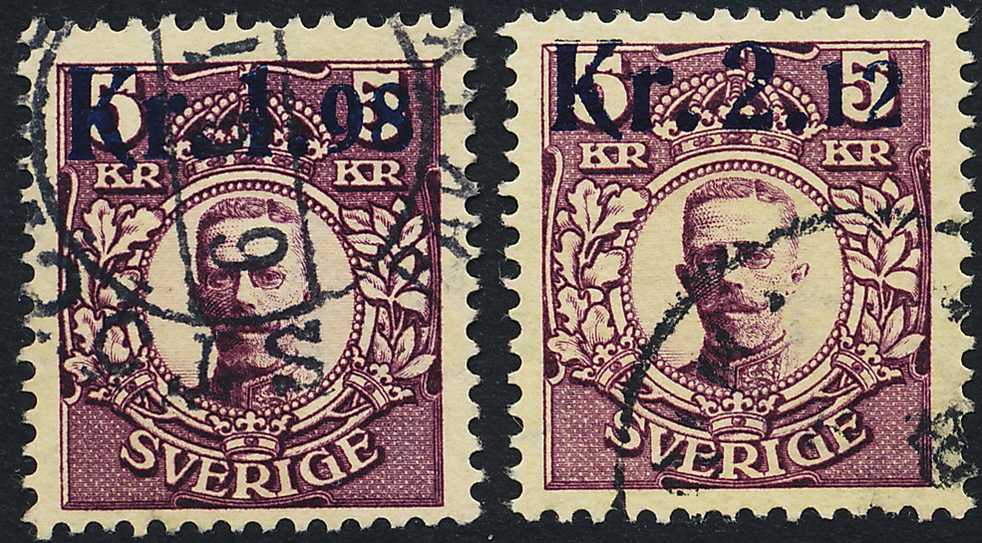 F97vm6 & 98vm7 Provisorier 1,98 & 2,12 på 5 kr Medaljong stämplade exemplar med vm delar av två kronor horisontellt