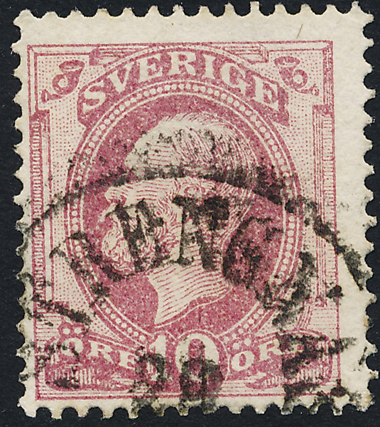 F39v4 Oscar II 10 öre boktryck stämplat exemplar med "hela mustaschen synlig" (pos.12)