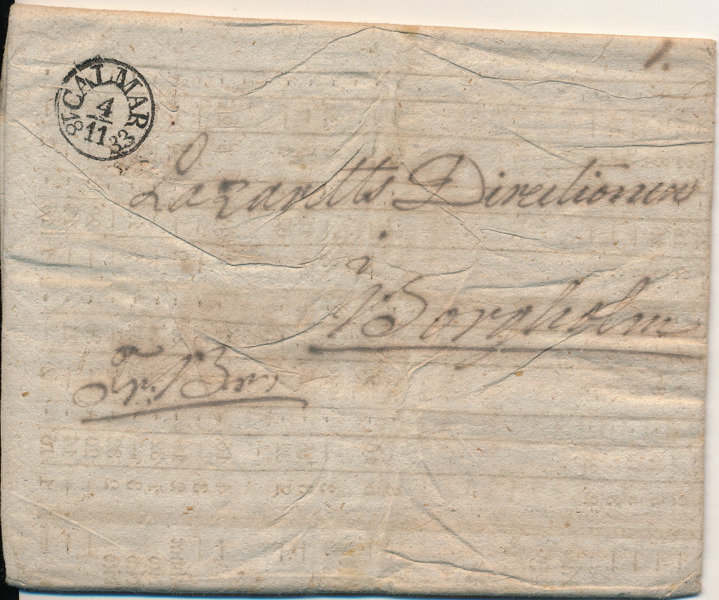 BÅGSTÄMPEL typ 1 CALMAR 4.11.1833 fribrev till Borgholm LasarettsDirektionen