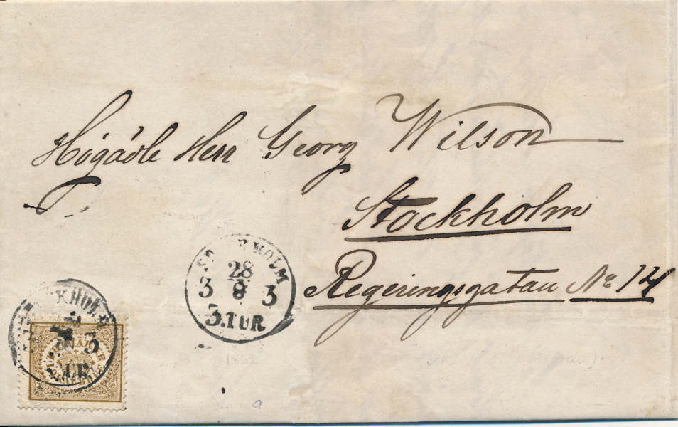 F13a Lokalfrimärke 3 öre olivakt brun STOCKHOLM 28.8. 3 TUR (1862)