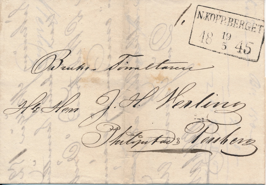 FYRKANTSTÄMPEL - N.KOPP.BERGET 19.5.1845 typ 2