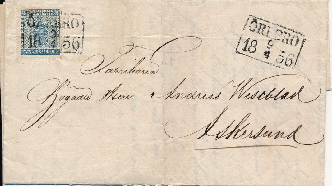 4 sk bco på brev stämplat med två fyrkantstämplar ÖREBRO 9.4.1856 