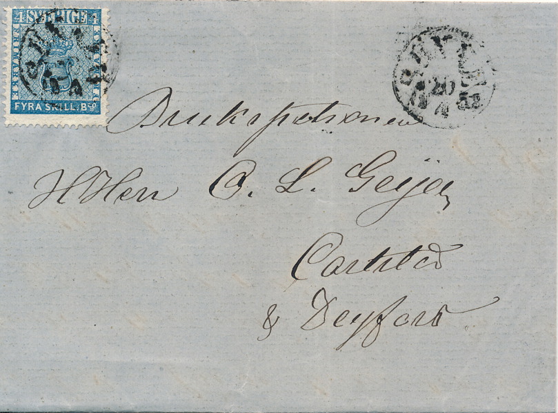 4 sk bco på brev stämplat med två rättvända stämplar SUNNE 20.4.1858