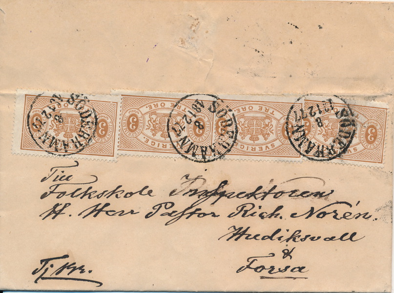 TJ1 x4 Tjänste T14 3 öre brun för porto 12 öre på brev till Fors stämplat SÖDERHAMN 8.12.1877