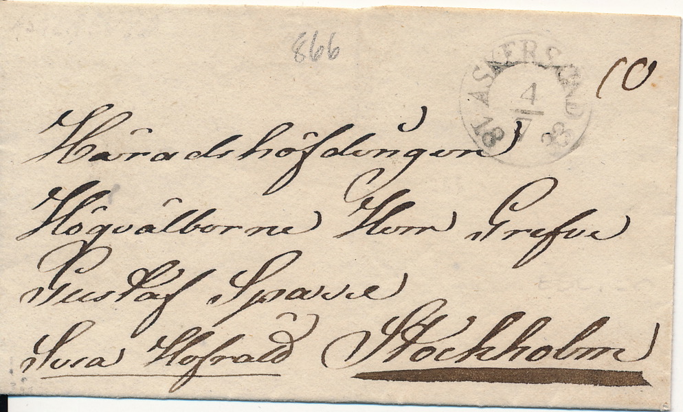 BÅGSTÄMPEL - ASKERSUND 4.7.1833 typ 1 på litet brevomslag till Grefve Gustaf Sparre, Stockholm