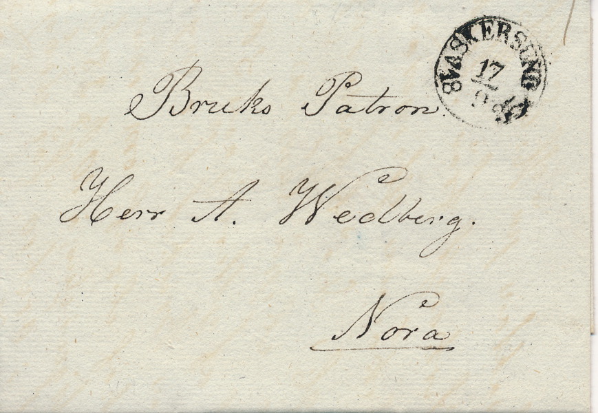 BÅGSTÄMPEL - ASKERSUND 17.9.1835 typ 2 på brevomslag till BruksPatron A. Wedberg i Nora.