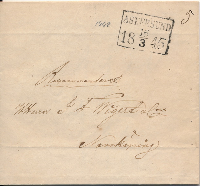 FYRKANTSTÄMPEL - ASKERSUND 16.3.1845 typ 1 på brevomslag till Norrköping