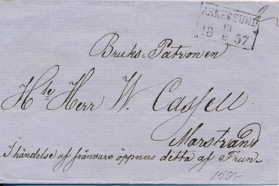 FYRKANTSTÄMPEL - ASKERSUND 12.8.1857 typ 2 på brevomslag till W. Casfell, Marstrand