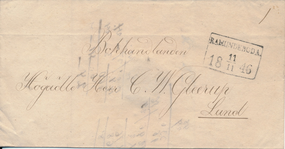 FYRKANTSTÄMPEL - RAMUNDEBODA 11.11.1846 på brevomslag till C.W. Gleerup i Lund.