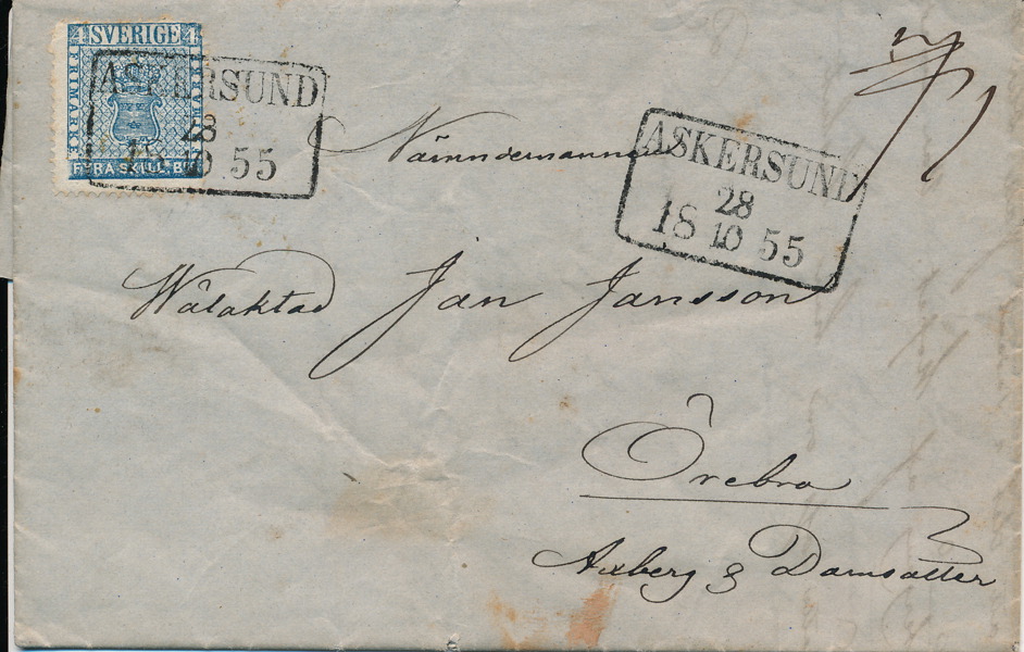 F2 4 sk bco på brev till Örebro stämplat med fyrkantstämpel typ 3 ASKERSUND 28.10.1855