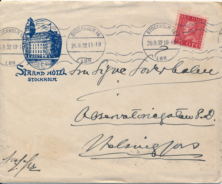 Brev till Finland STOCKHOLM 26.9.32 frankerat med 15 öre Profil vänster. Kuvert och brev med reklamtryck STRAND HOTEL Stockholm