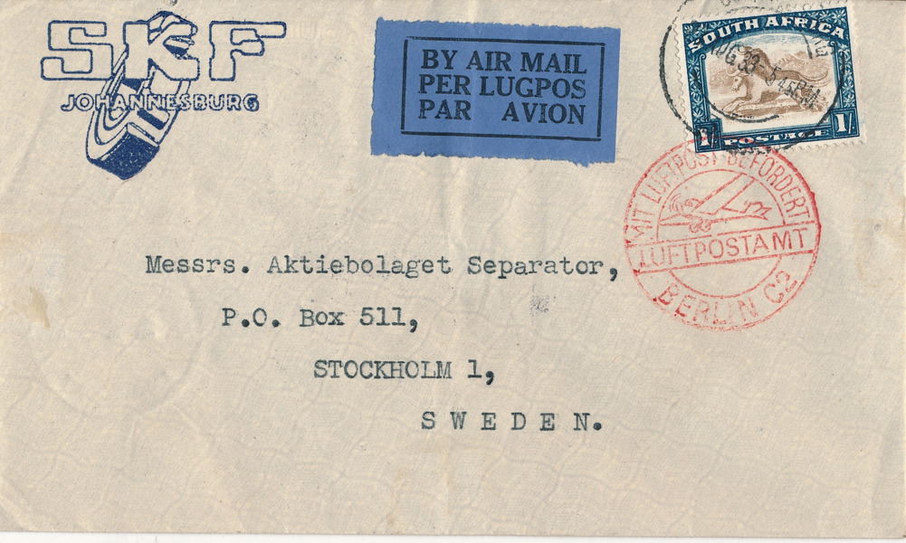 Luftpostbrev från Sydafrika (SKF i Johannesburg) till Stockholm i augusti 1933, via Berlin och Malmö till Stockholm med flyg.