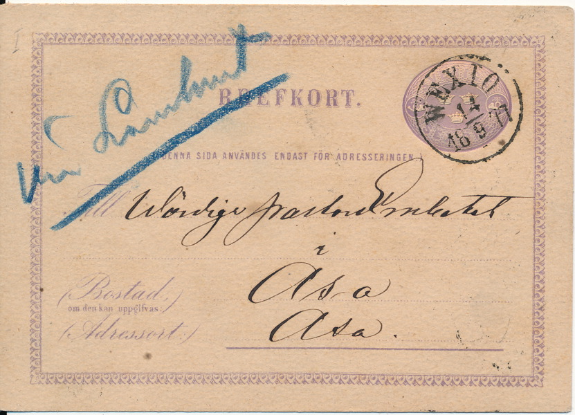 bKe2A Brevkort med texttryck A stämplat WEXIÖ 14.9.1877 till Åsa