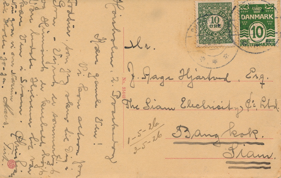 DANMARK Vykort till SIAM (Thailand) 5.4.1926 frankerat med 20 øre (F95 & 218)