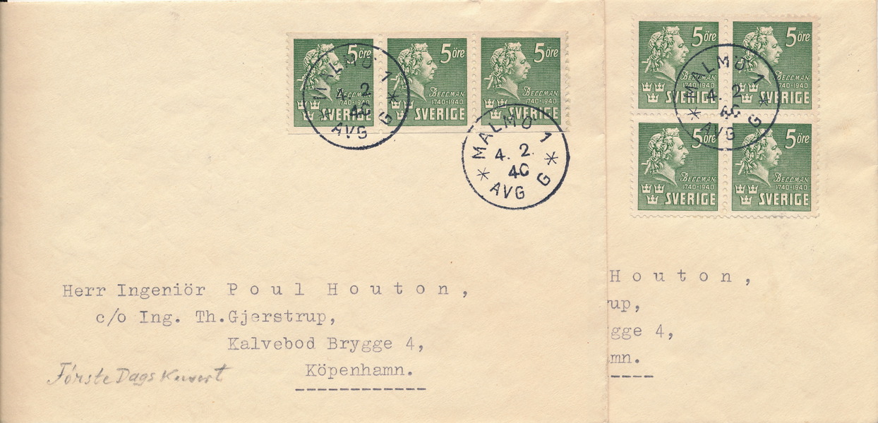 F324A+C Bellman Privatgjorda FDC sända till Köpenhamn frankerade med dels 4-sidigt fyrblock och tvåsidigt 3-strip, båda stämplat MALMÖ 1 4.2.40