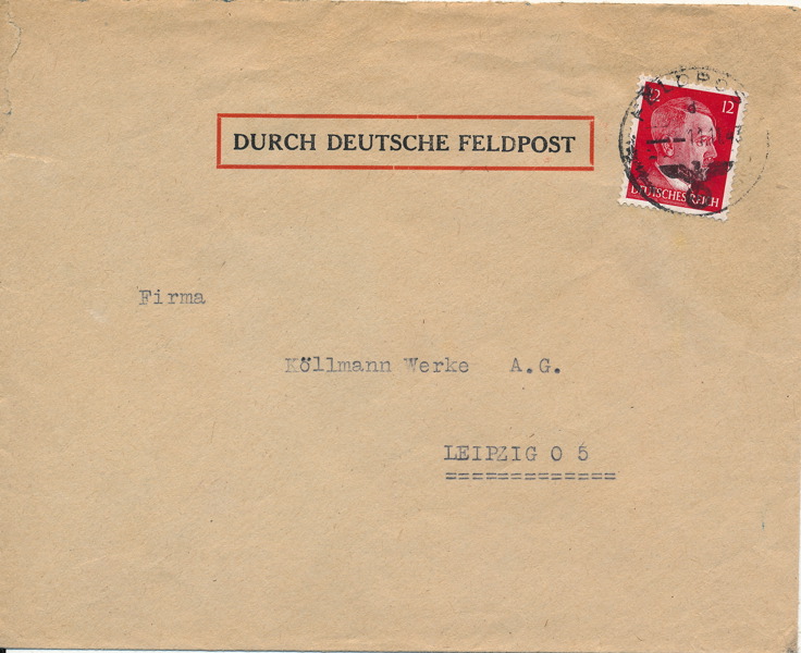 TYSKLAND Brev till Leipzig stämplat med FELDPOST 11.11.43. Avsändare Luftgaupostamt Brüssel