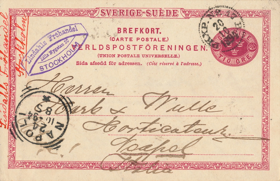 bKe13 10 öre röd till Italien stämplat PKXP 20.10.1894 med ankomst NAPOLI 24.10.1894