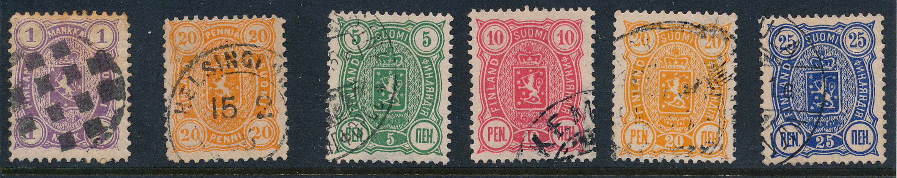 FINLAND Sex st stämplade Vapentyp med bl.a.1 mark violett med figurstämpel
