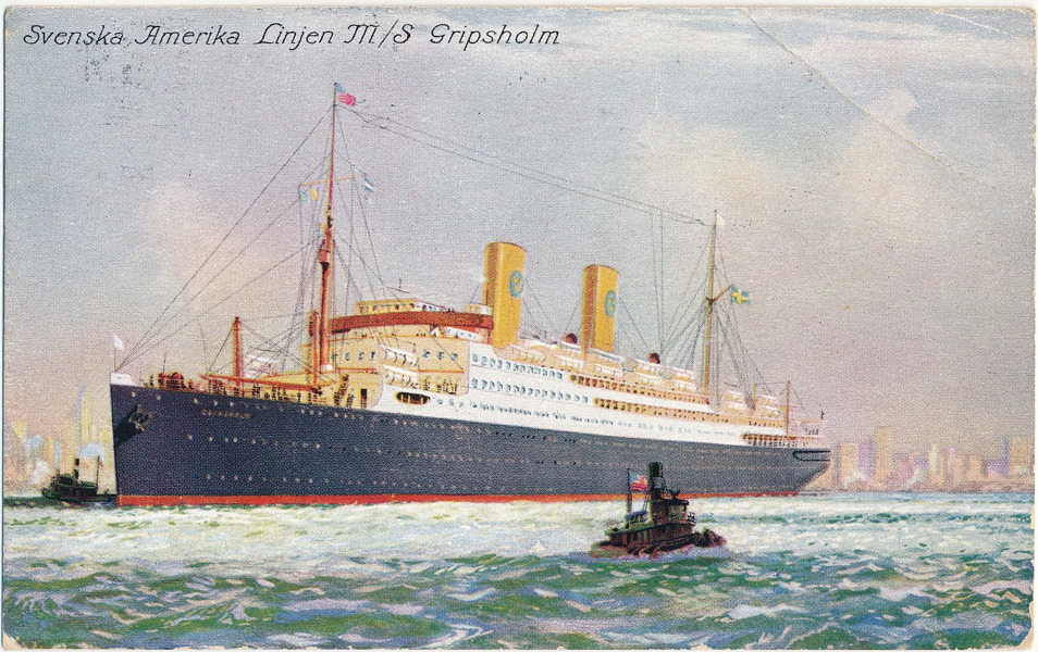 Svenska Amerika Linjen Vykort skickat från båten M/S Gripsholm på väg till Amerika för att återsändas tillbaka till Sverige