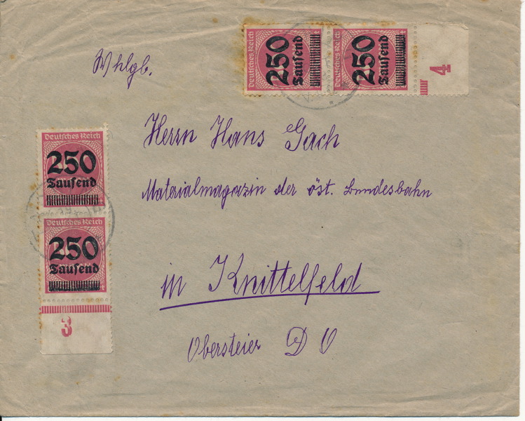 TYSKLAND Mi 295 20 st I block och par på Inflationsbrev 1923