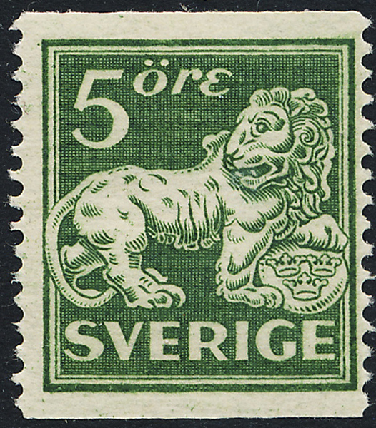 F142Ea St. Lejon 5 öre grön t13 typ 2 i postfriskt ex på A2-papper