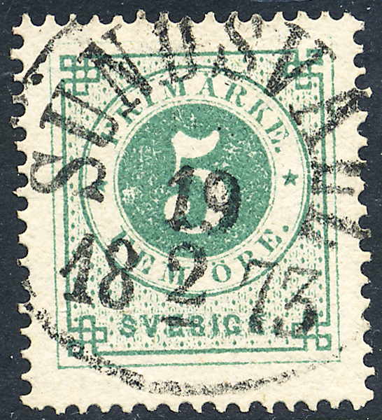F19b Ringtyp t14 - 5 öre ljust blåakt grön SUNDSVALL 19.2.1873
