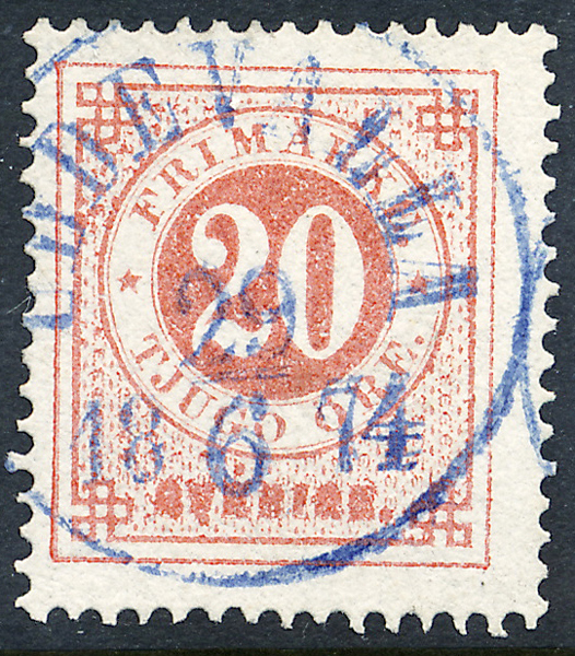 F22d Ringtyp t14 - 20 öre blekröd UDDEVALLA 29.6.1874 blå stämpel