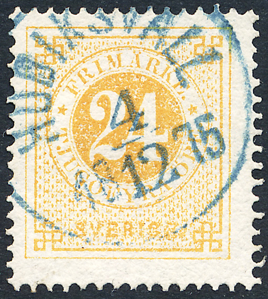 F24g Ringtyp t14 - 24 öre mattorange HUDIKSVALL 4.12.1875 grönblå stämpel