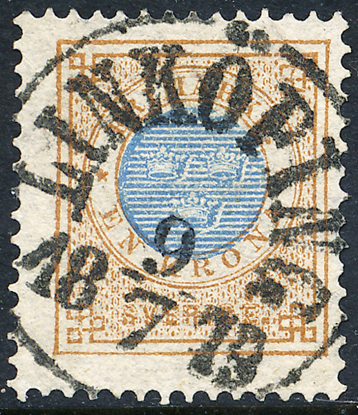 F38a Ringtyp t13 - 1 krona orangebrun/blå LINKÖPING 9.7.1879