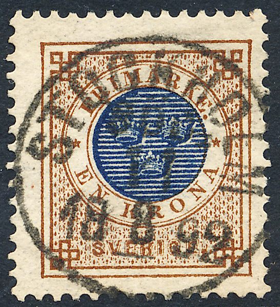 F49c Ringtyp ph 1 kr orangebrun/mörkblå STOCKHOLM 11.8.1892