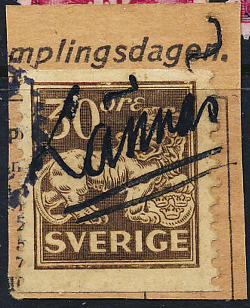 F148A St lejon 30 öre på aviklipp LÄNNAS bläckmakulerat utan datum
