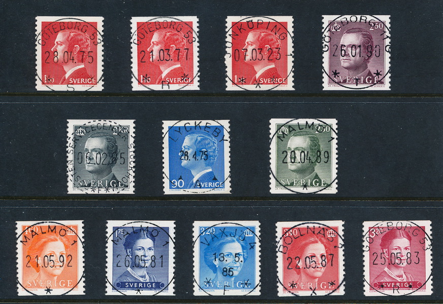 CARL XVI GUSTAF 12 st lyx/praktstämplade märken med kungen och drottningen