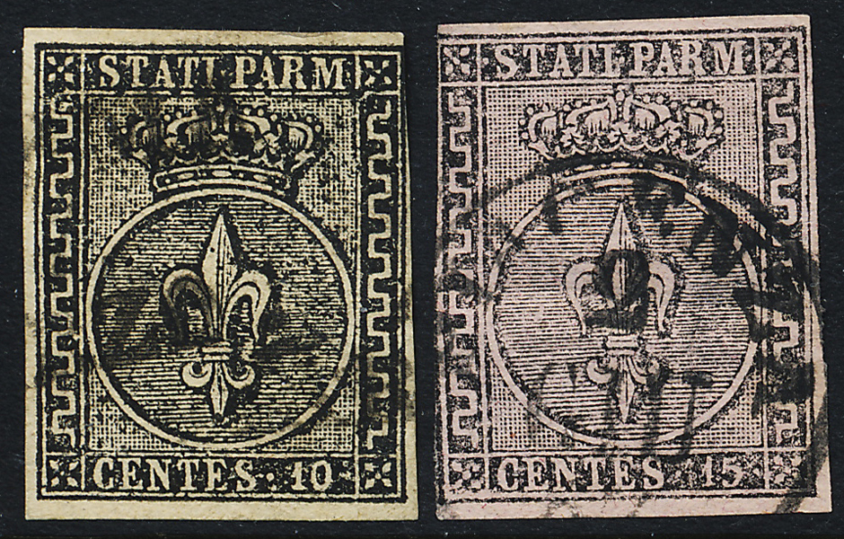 ITALIEN Parma Mi 2 & 3 10C svart, vitt papper och 15C svart på rosa papper